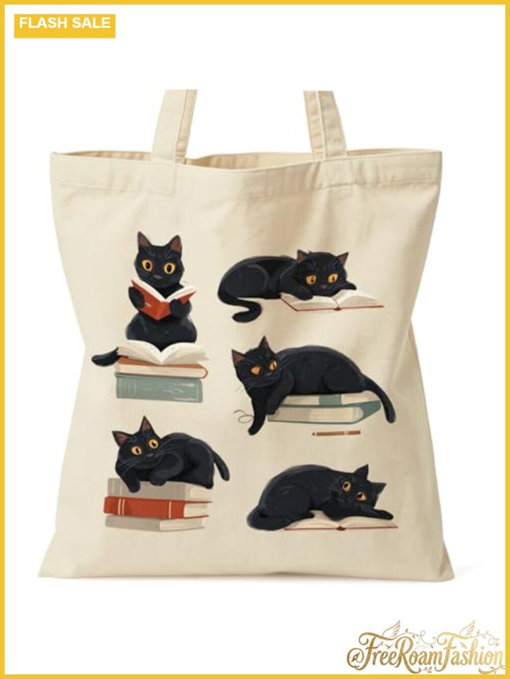 Canvas Tote Bag Cat Book Lover Gift Inner Pocket Large Shoulder Bag